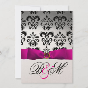 INVITACIÓN PINK FUCHSIA RIBBON GOLD BLACK DAMASK MONOGRAM