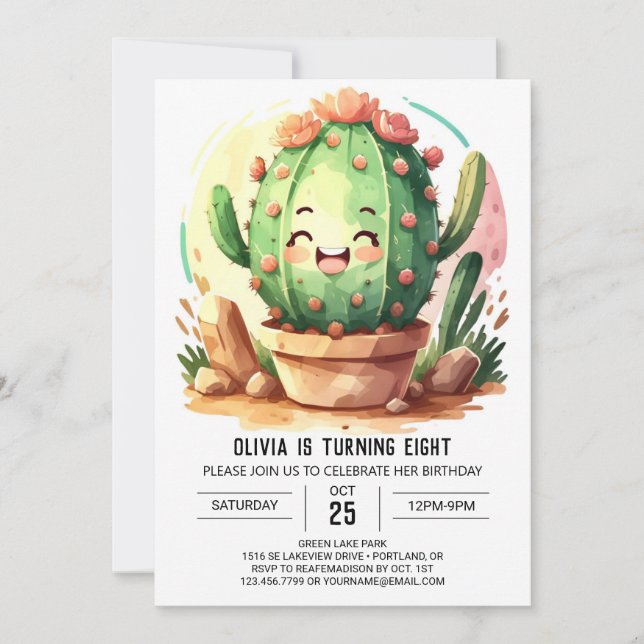 Invitación Pink Fun Girly Cactus Chica Cumpleaños (Anverso)