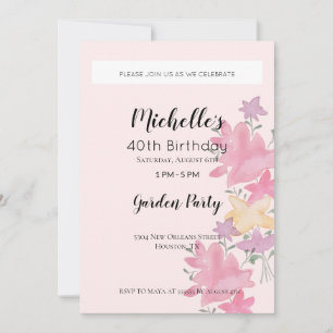Invitación Pink Garden Birday Party Watercolor Floral