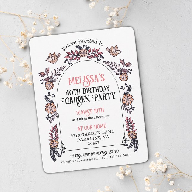 Invitación Pink Garden Fiesta 40 años (Cute pink floral garden party birthday invitation.)