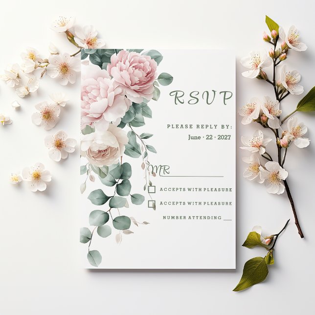 Invitación Pink garland peonies eucalyptus leaf RSVP (Pink garland peonies eucalyptus leaf RSVP)