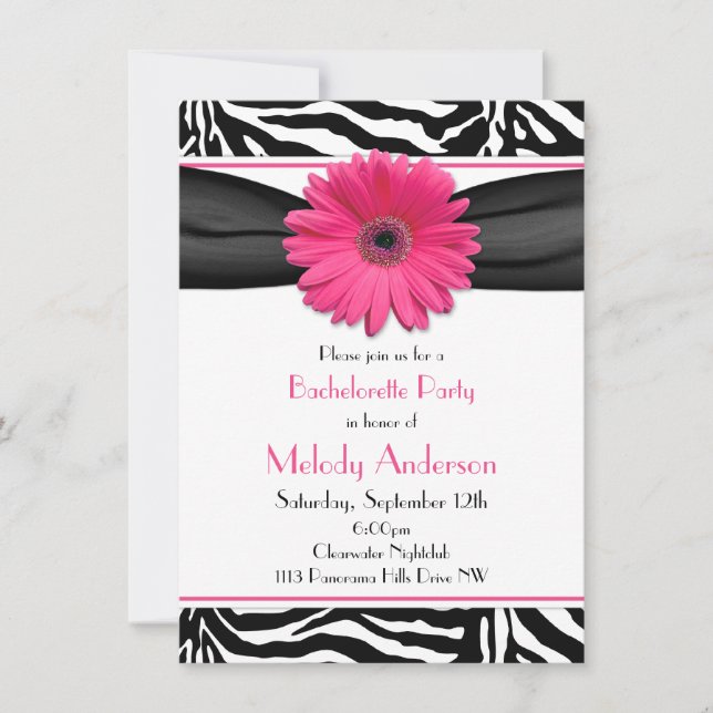 Invitación Pink Gerber Daisy Zebra Print Bachelorette (Anverso)
