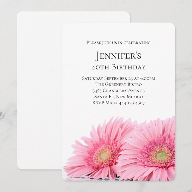 Invitación Pink Gerbera Daisies Elegante Foto Cumpleaños (Anverso / Reverso)