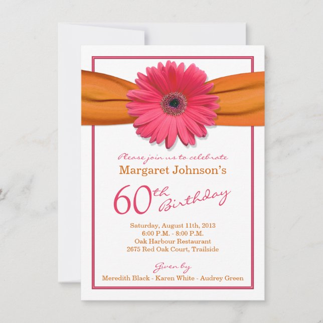 Invitación Pink Gerbera Daisy Naranja Ribbon 60 cumpleaños (Anverso)