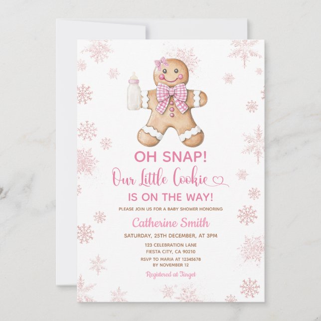 Invitación Pink Gingerbread Christmas Baby Shower Snowflakes (Anverso)