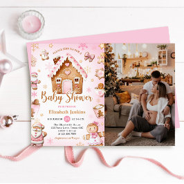 Invitación Pink Gingerbread House Christmas Baby Shower Photo