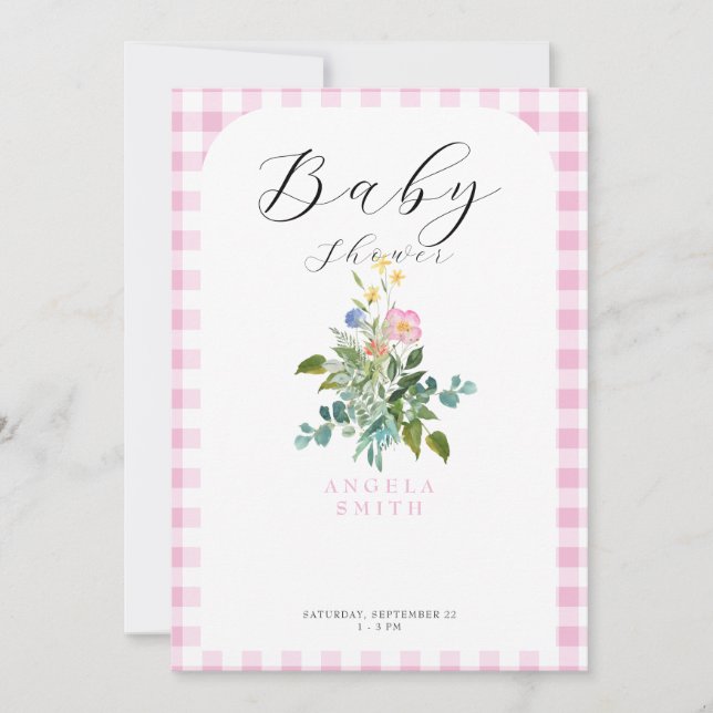 Invitación Pink Gingham Arch Wildflower Baby Shower (Anverso)