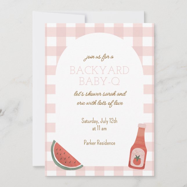 Invitación Pink Gingham Baby-Q Baby Shower Invitation (Anverso)