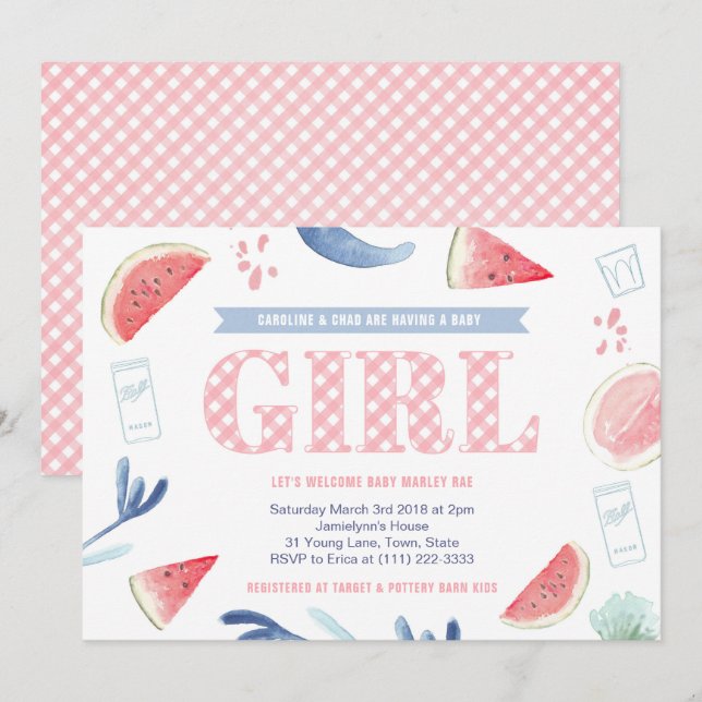 Invitación Pink Gingham Baby-q Couples Baby Shower para Chica (Anverso / Reverso)