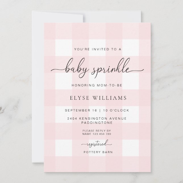 Invitación Pink Gingham Baby Sprinkle (Anverso)