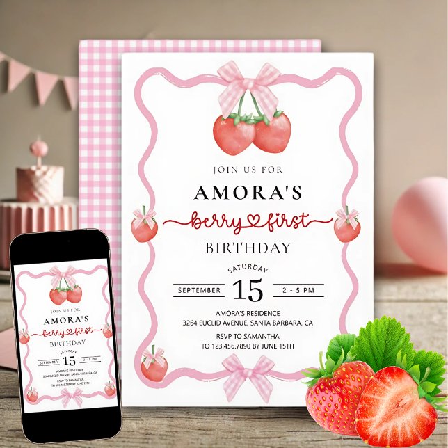 Invitación Pink Gingham Berry First Birday Party (Subido por el creador)