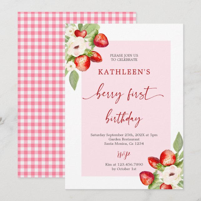 Invitación Pink Gingham Berry First Birthday Chica (Anverso / Reverso)