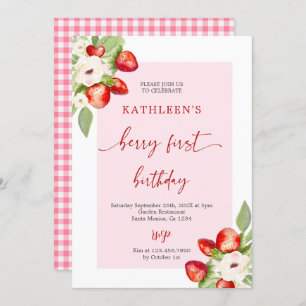 Invitación Pink Gingham Berry First Birthday Chica