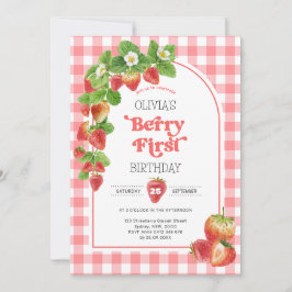 Invitación Pink Gingham Berry First Strawberry 1er cumpleaños