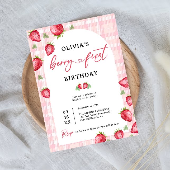 Invitación Pink Gingham Berry First Strawberry 1er cumpleaños (Subido por el creador)