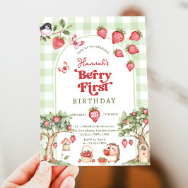 Invitación Pink Gingham Berry First Strawberry 1st Birthday