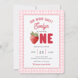 Invitación Pink Gingham Berry First Strawberry Themed