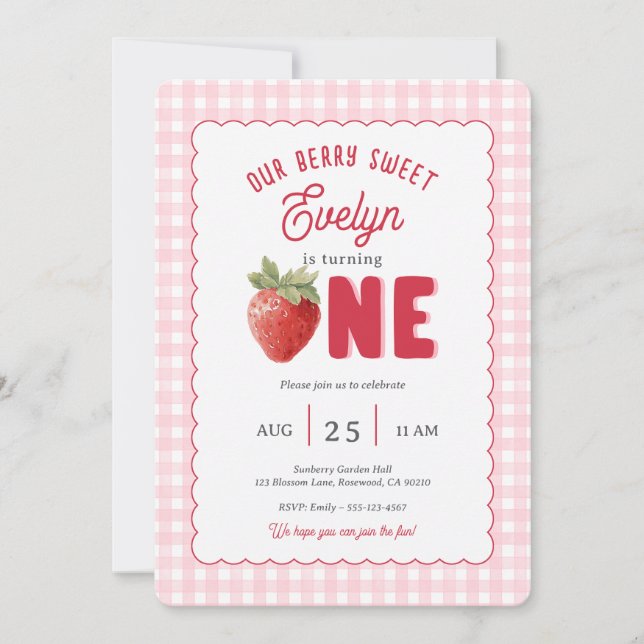 Invitación Pink Gingham Berry First Strawberry Themed (Anverso)