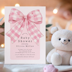 Invitación Pink Gingham Bow Baby Shower