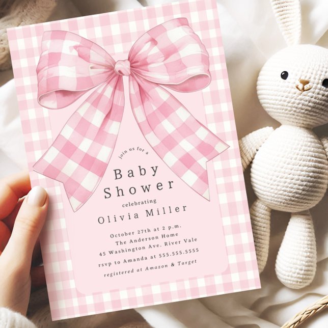 Invitación Pink Gingham Bow Baby Shower (Subido por el creador)