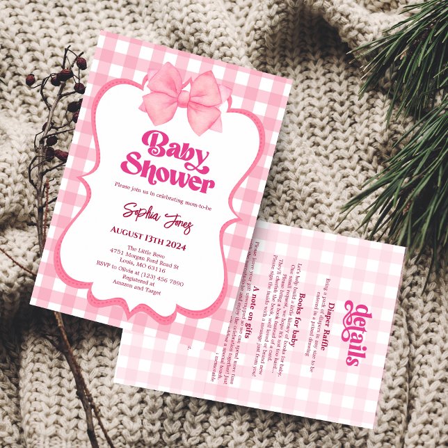 Invitación Pink Gingham Bow Baby Shower Cute Chica Baby Showe (Subido por el creador)
