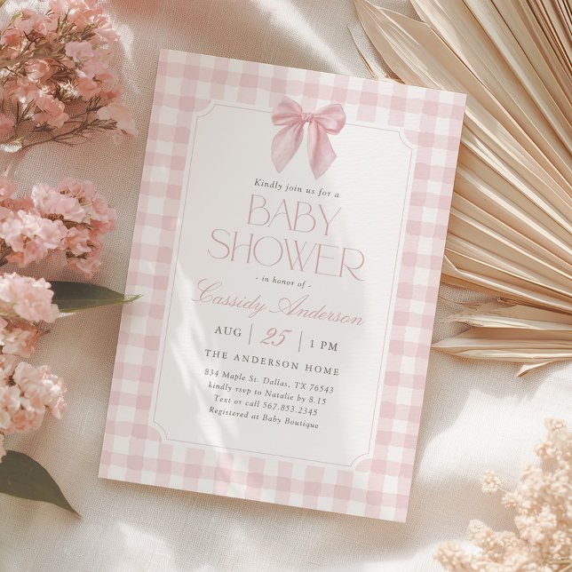 Invitación Pink Gingham Bow Girl Baby Shower (Subido por el creador)