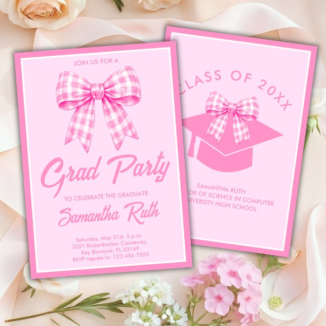 Invitación Pink Gingham Bow Graduation Party (Subido por el creador)