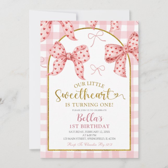 Invitación Pink Gingham Bow Sweetheart Birthday  (Anverso)