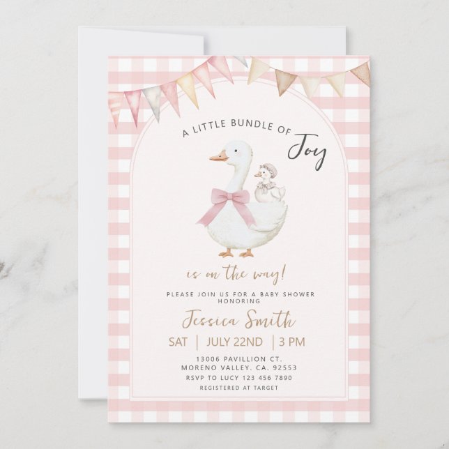 Invitación Pink Gingham Bundle de alegría Goose Baby Shower (Anverso)