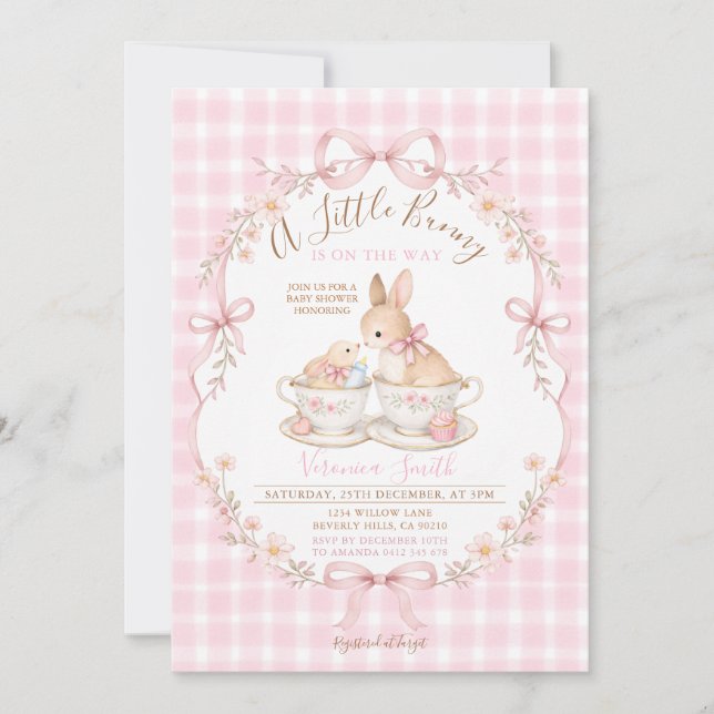 Invitación Pink Gingham Bunny Baby Shower Blush Dusty Pink (Anverso)