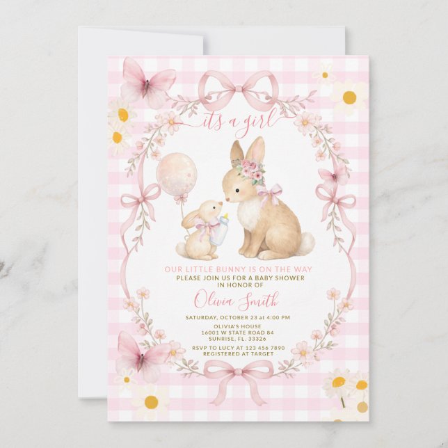Invitación Pink Gingham Bunny Baby Shower Butterfly Daisy (Anverso)