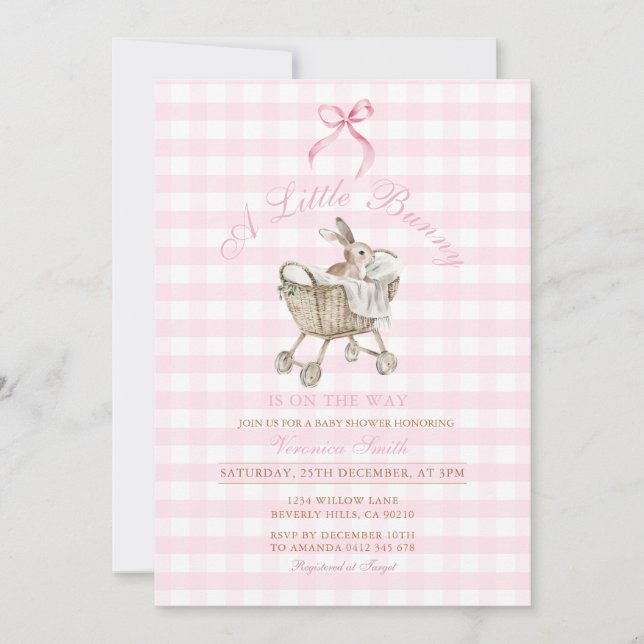 Invitación Pink Gingham Bunny Baby Shower Grandmillennial  (Anverso)