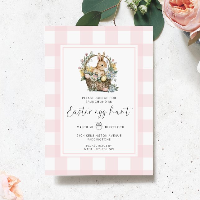 Invitación Pink Gingham Bunny Easter Egg Hunt (Easter Egg Hunt Invitation Gingham )