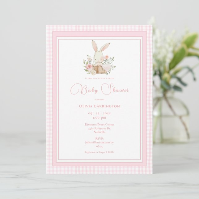 Invitación Pink Gingham Bunny Rabbit Baby Shower (Anverso de pie)