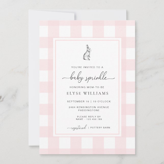 Invitación Pink Gingham Bunny Rabbit Baby Sprinkle (Anverso)