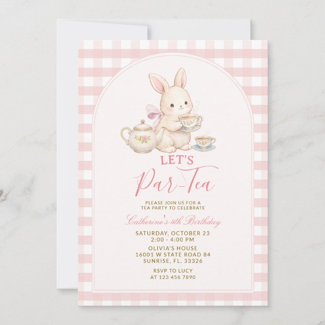Invitación Pink Gingham Bunny Tea Party Birthday Invitation (Anverso)