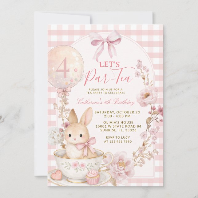 Invitación Pink Gingham Bunny Tea Party Girl Birthday  (Anverso)