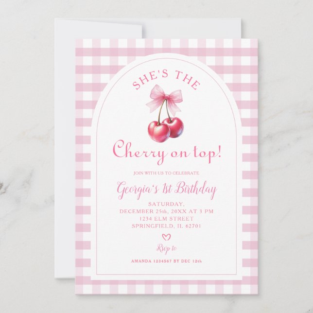 Invitación Pink Gingham con Bow es la cereza en el cumpleaños (Anverso)