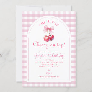 Invitación Pink Gingham con Bow es la cereza en el cumpleaños
