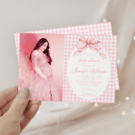 Invitación Pink Gingham Coquette Bow Baby Shower