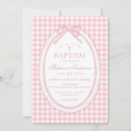 Invitación Pink Gingham Coquette Bow Baptism