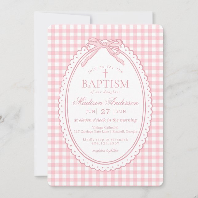Invitación Pink Gingham Coquette Bow Baptism (Anverso)