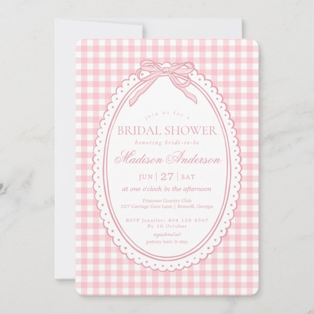 Invitación Pink Gingham Coquette Bow Bridal Shower (Anverso)