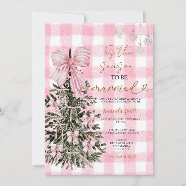 Invitación Pink Gingham Coquette Christmas Tree Bridal Shower (Anverso)