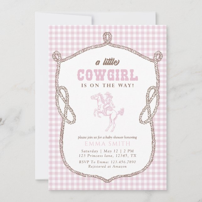 Invitación Pink Gingham Cowboy Baby Shower Vintage Preppy  (Anverso)