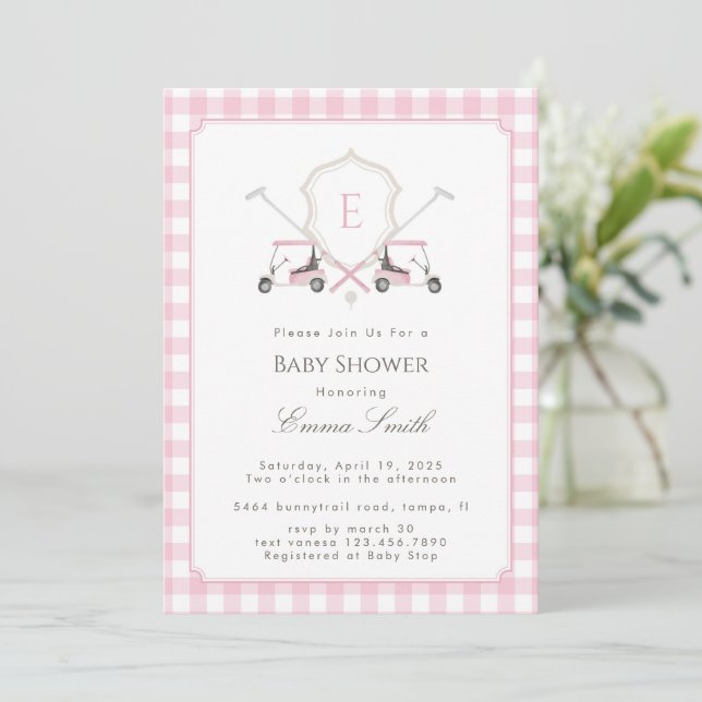 Invitación Pink Gingham Crest Monogram Golf Baby Shower (Anverso de pie)