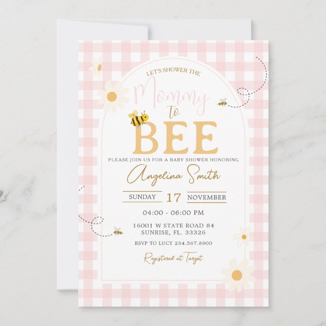 Invitación Pink Gingham Daisies Abeja A La Mamá De Baby Showe (Anverso)