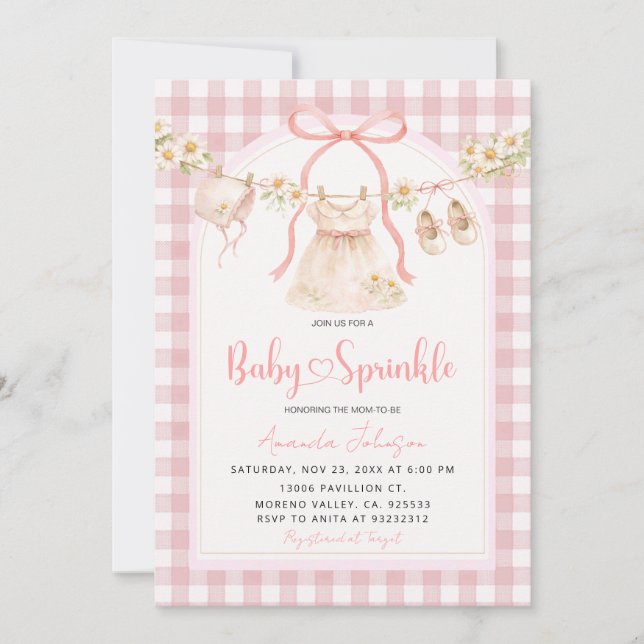 Invitación Pink Gingham Daisy Clothesline Baby Sprinkle  (Anverso)