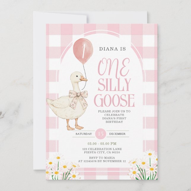 Invitación PINK Gingham Daisy One Silly Goose Cumpleaños (Anverso)