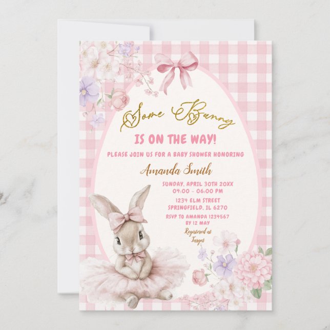 Invitación Pink Gingham Easter Some Bunny Floral Baby Shower (Anverso)